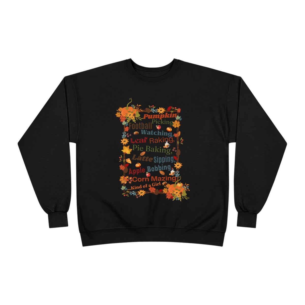 Fall Crewneck Sweatshirt – "Pumpkin, Football, Leaf Raking" Autumn Design
