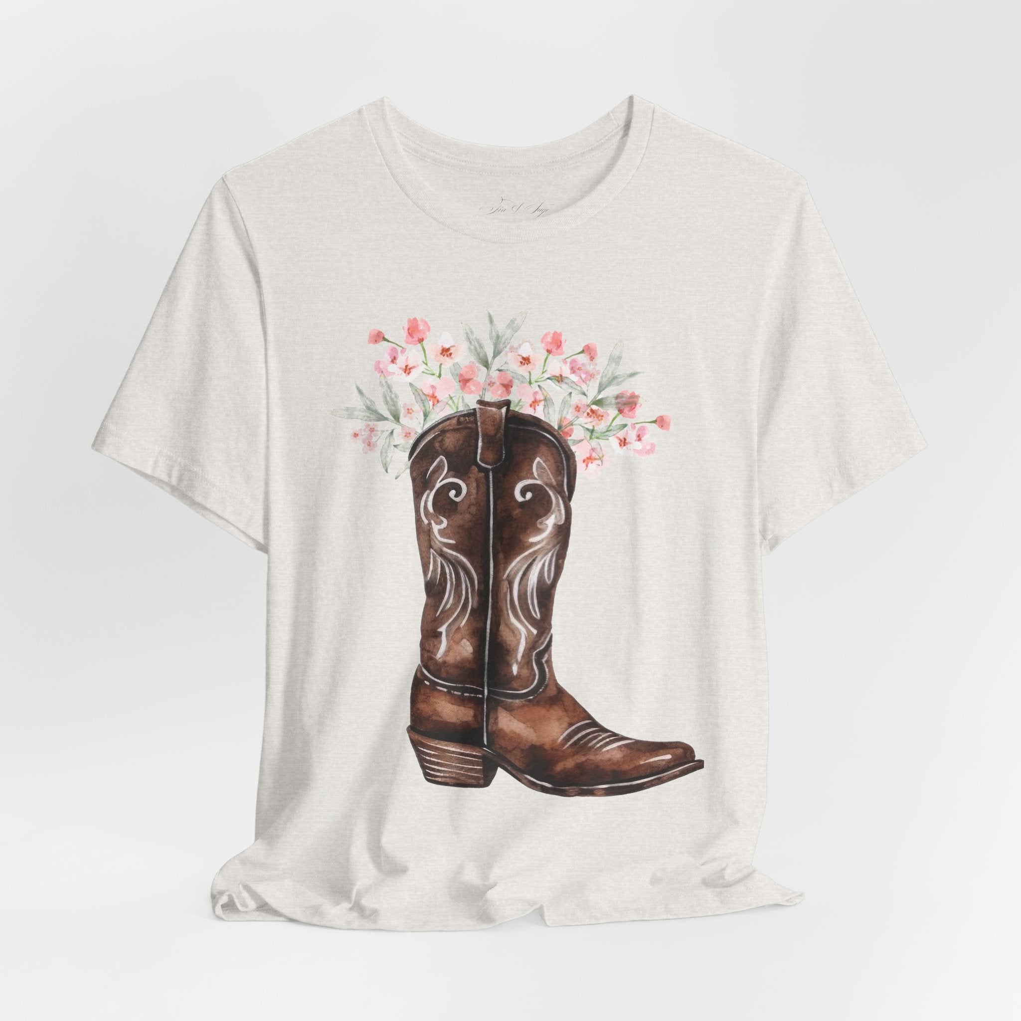 Cowboy Boot Floral Tee — Western Boots with Pink Flower Bouquet Graphic