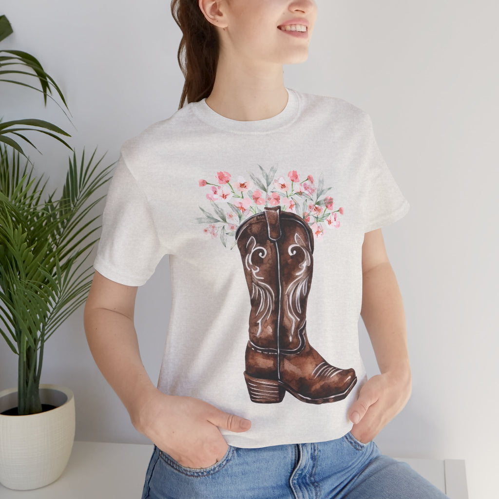 Cowboy Boot Floral Tee — Western Boots with Pink Flower Bouquet Graphic