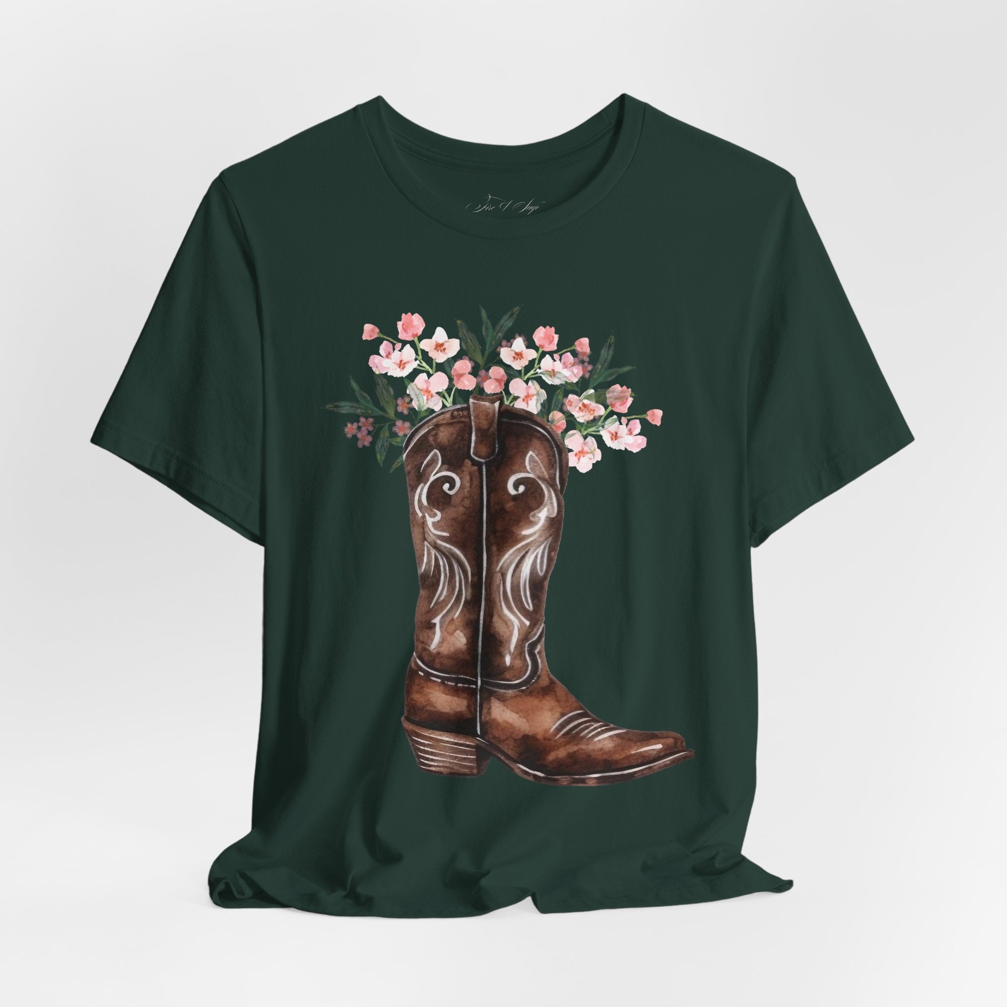 Cowboy Boot Floral Tee — Western Boots with Pink Flower Bouquet Graphic