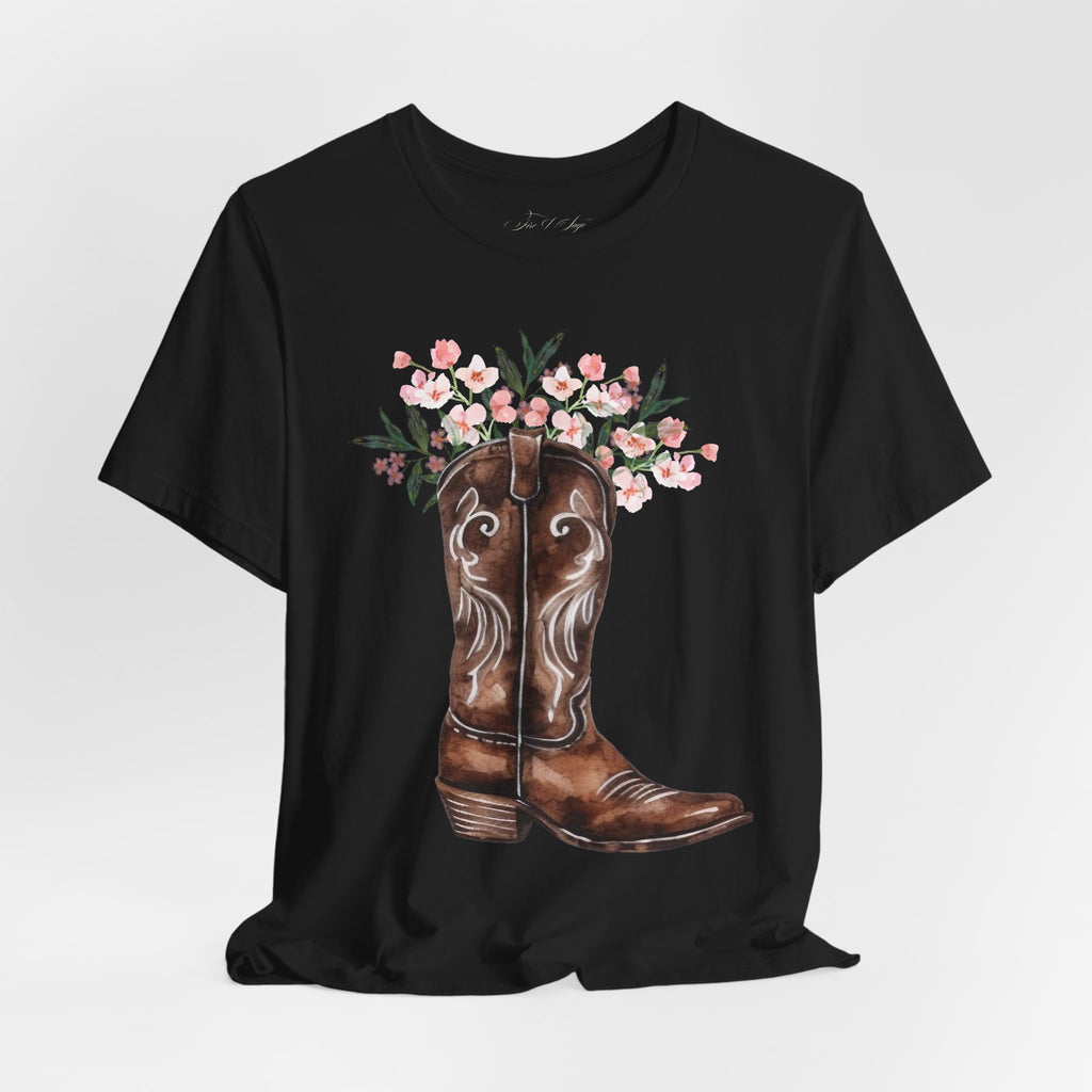 Cowboy Boot Floral Tee — Western Boots with Pink Flower Bouquet Graphic