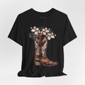 Cowboy Boot Floral Tee — Western Boots with Pink Flower Bouquet Graphic