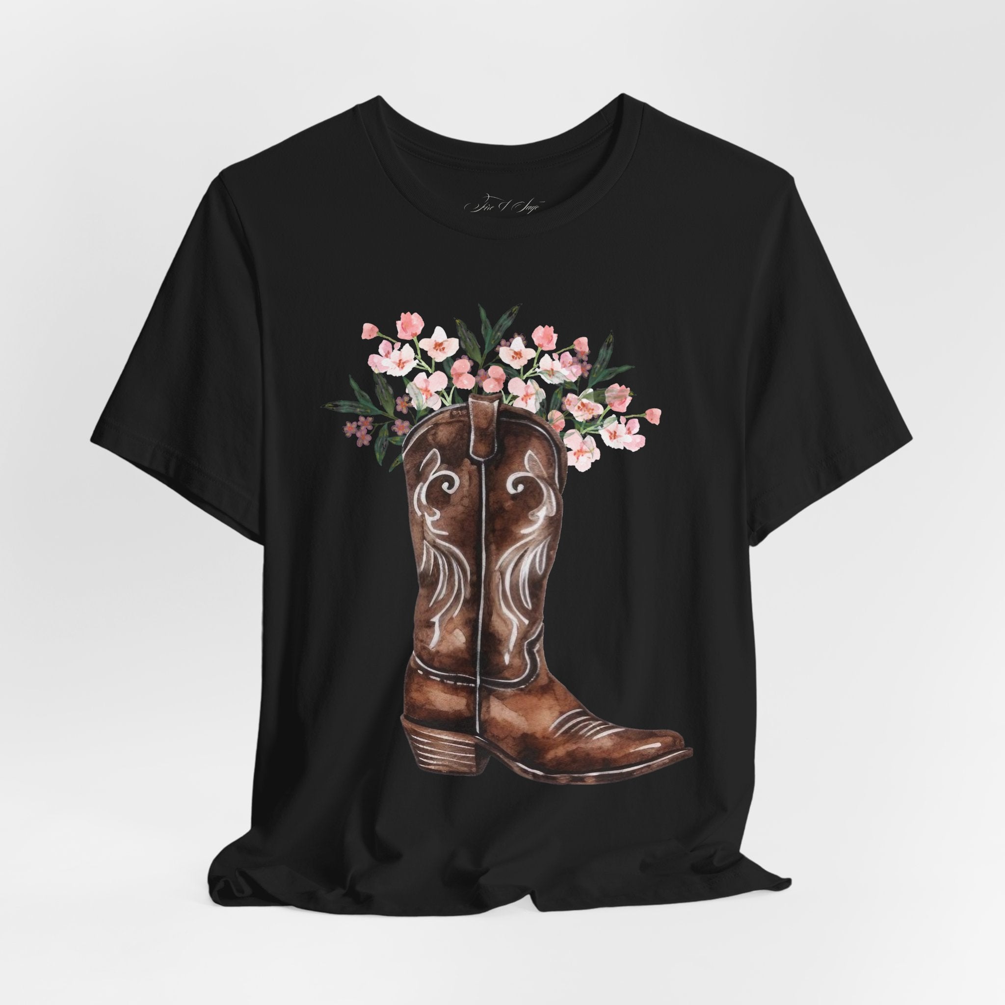 Cowboy Boot Floral Tee — Western Boots with Pink Flower Bouquet Graphic
