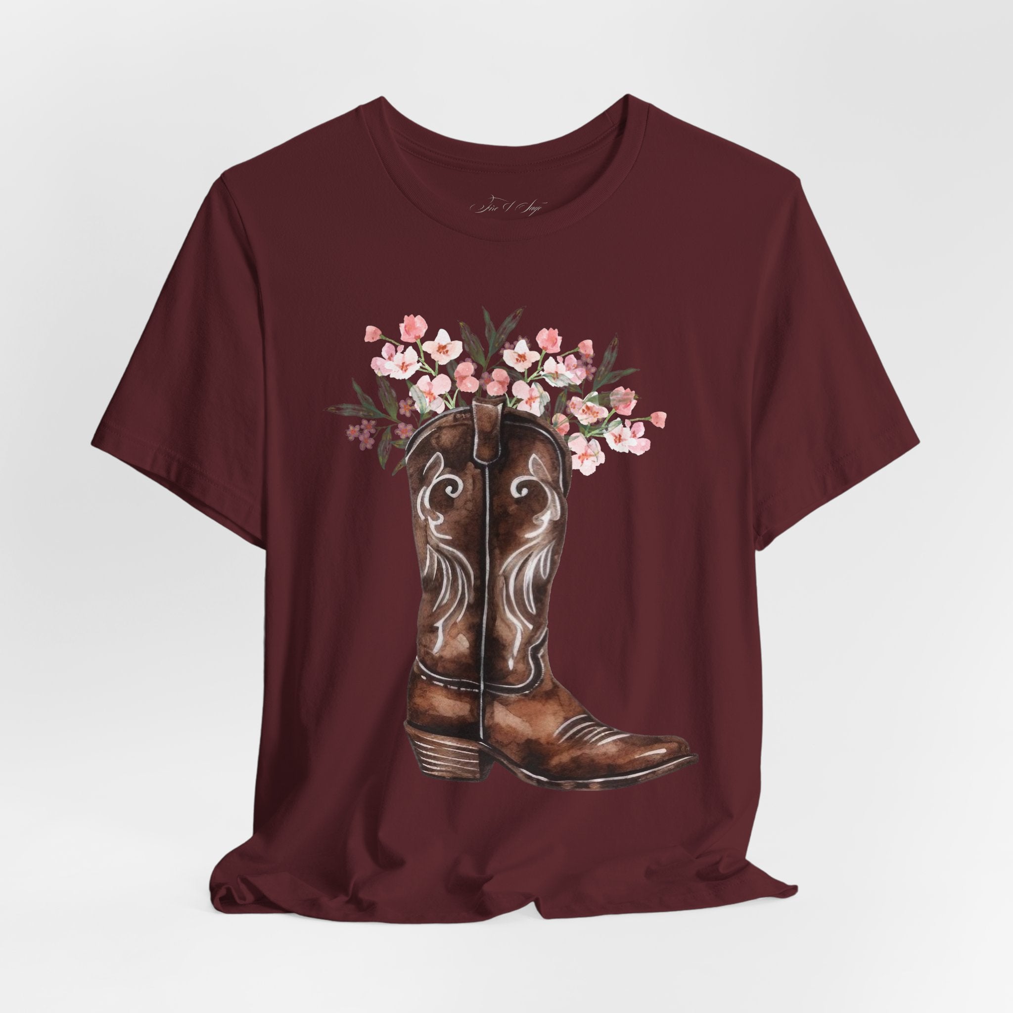Cowboy Boot Floral Tee — Western Boots with Pink Flower Bouquet Graphic