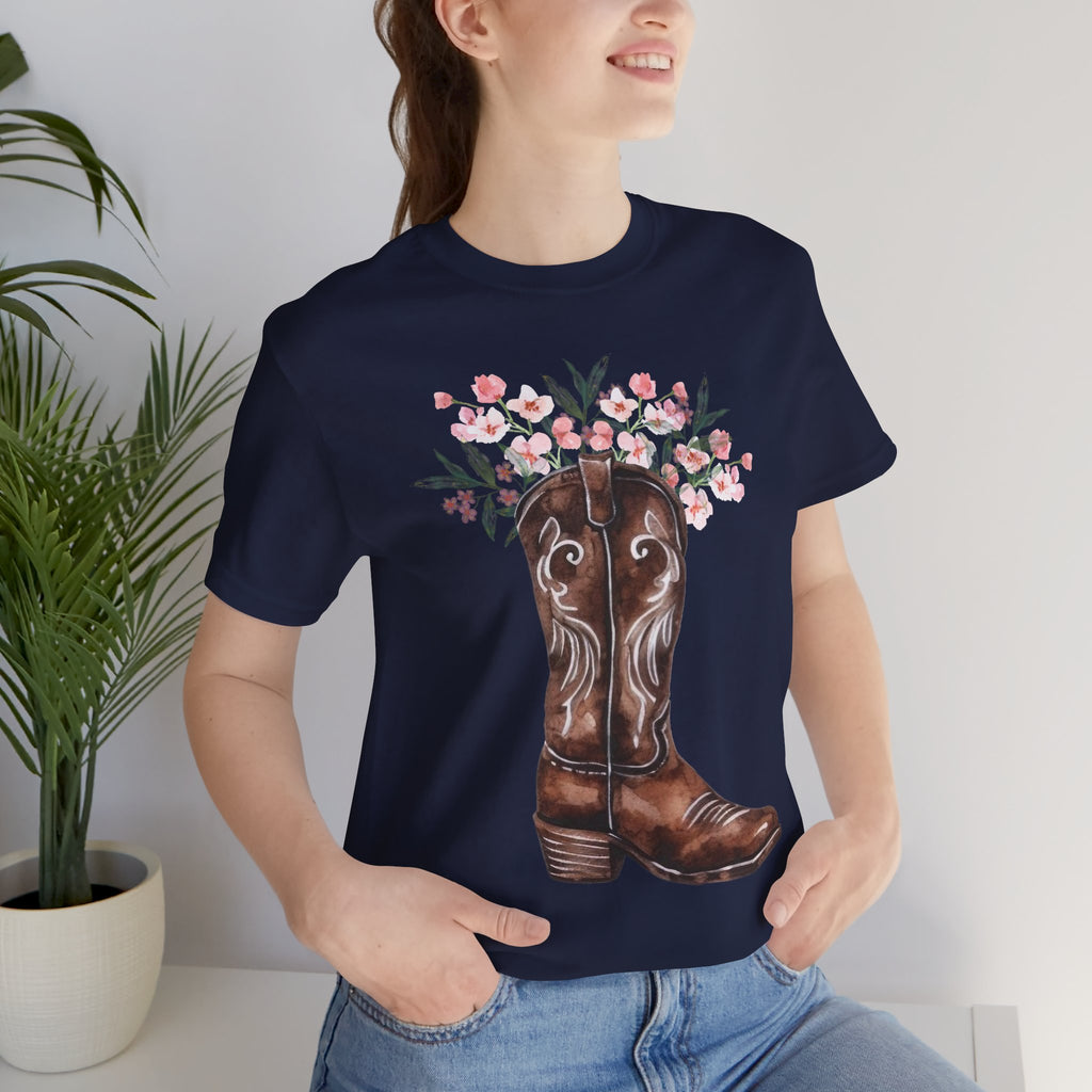 Cowboy Boot Floral Tee — Western Boots with Pink Flower Bouquet Graphic