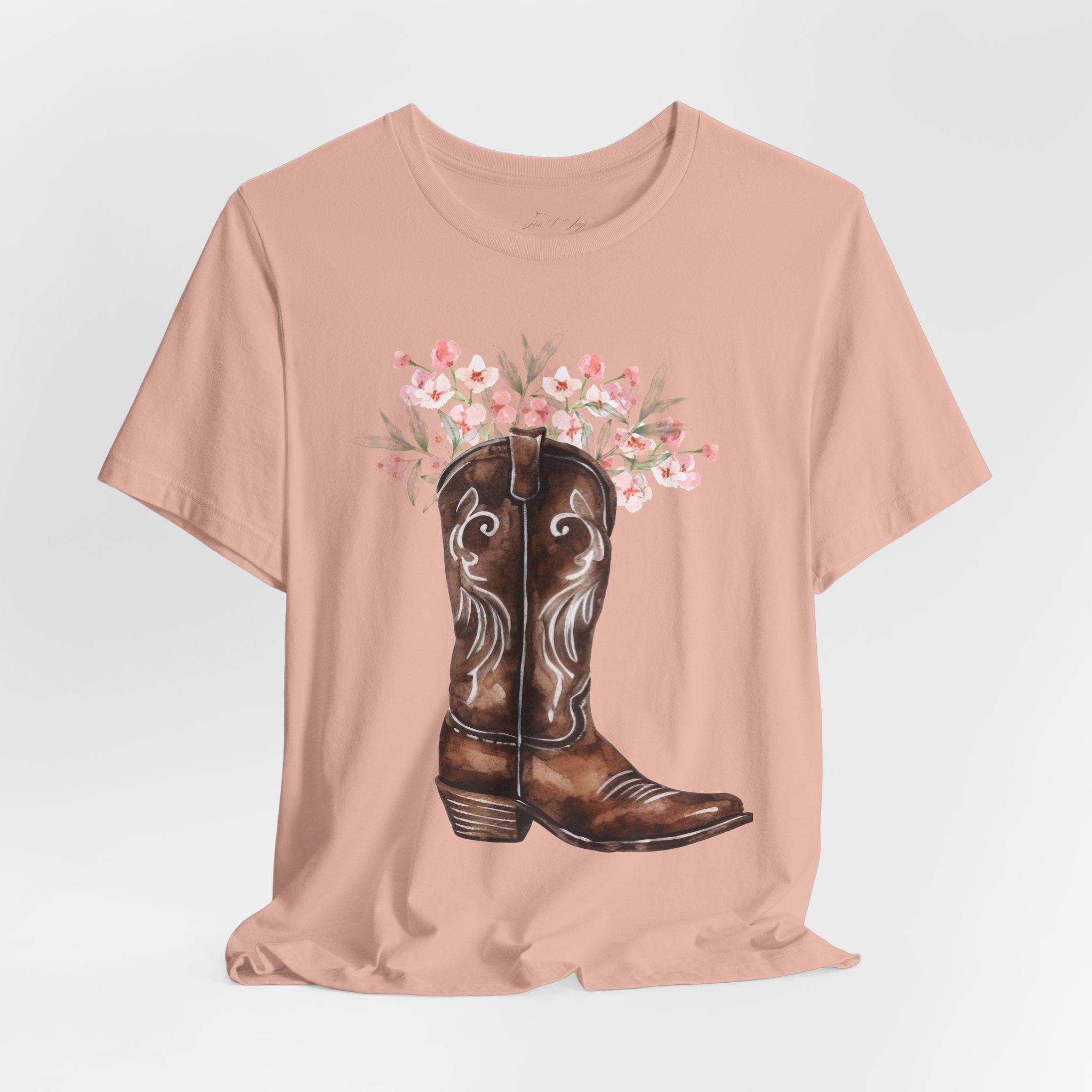 Cowboy Boot Floral Tee — Western Boots with Pink Flower Bouquet Graphic