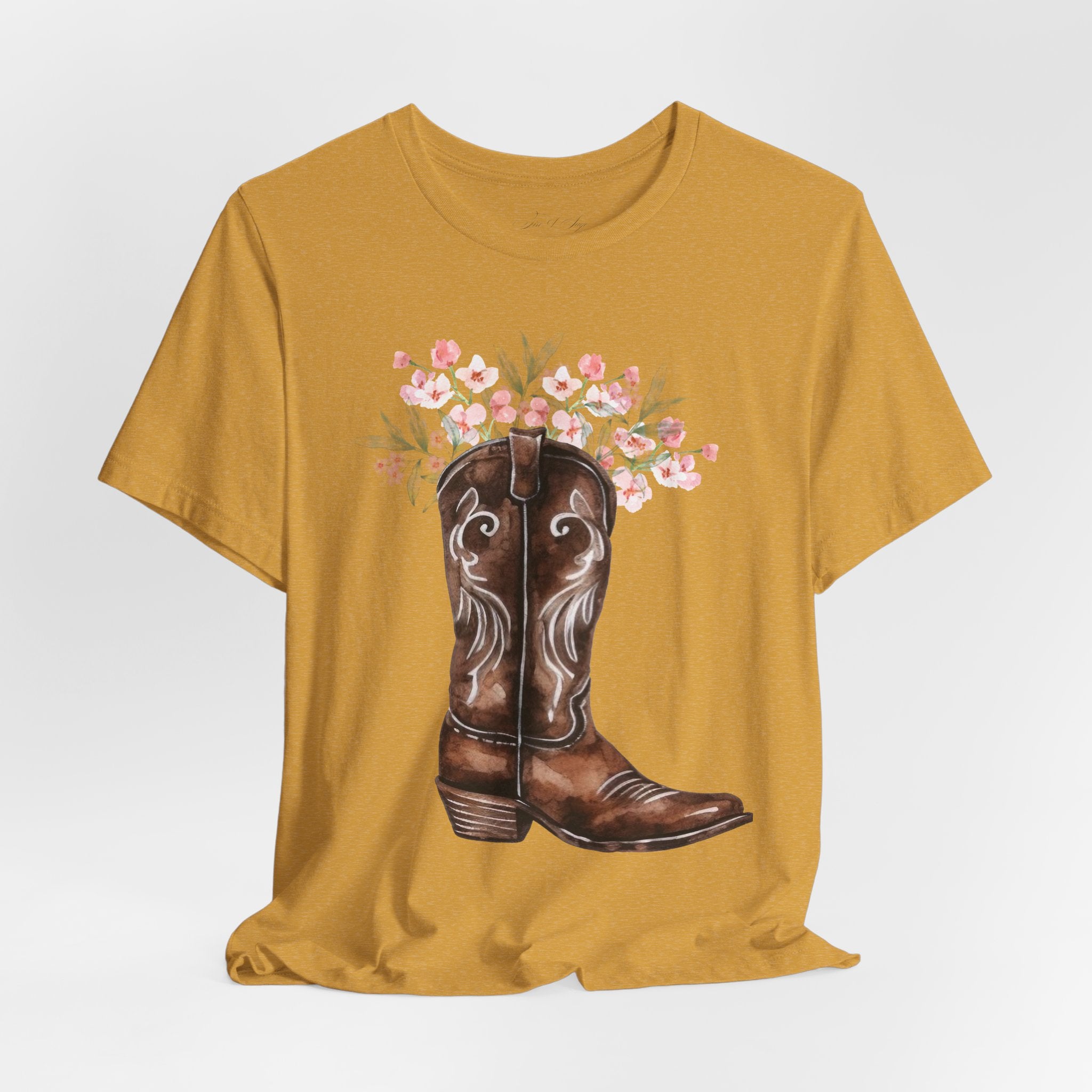 Cowboy Boot Floral Tee — Western Boots with Pink Flower Bouquet Graphic