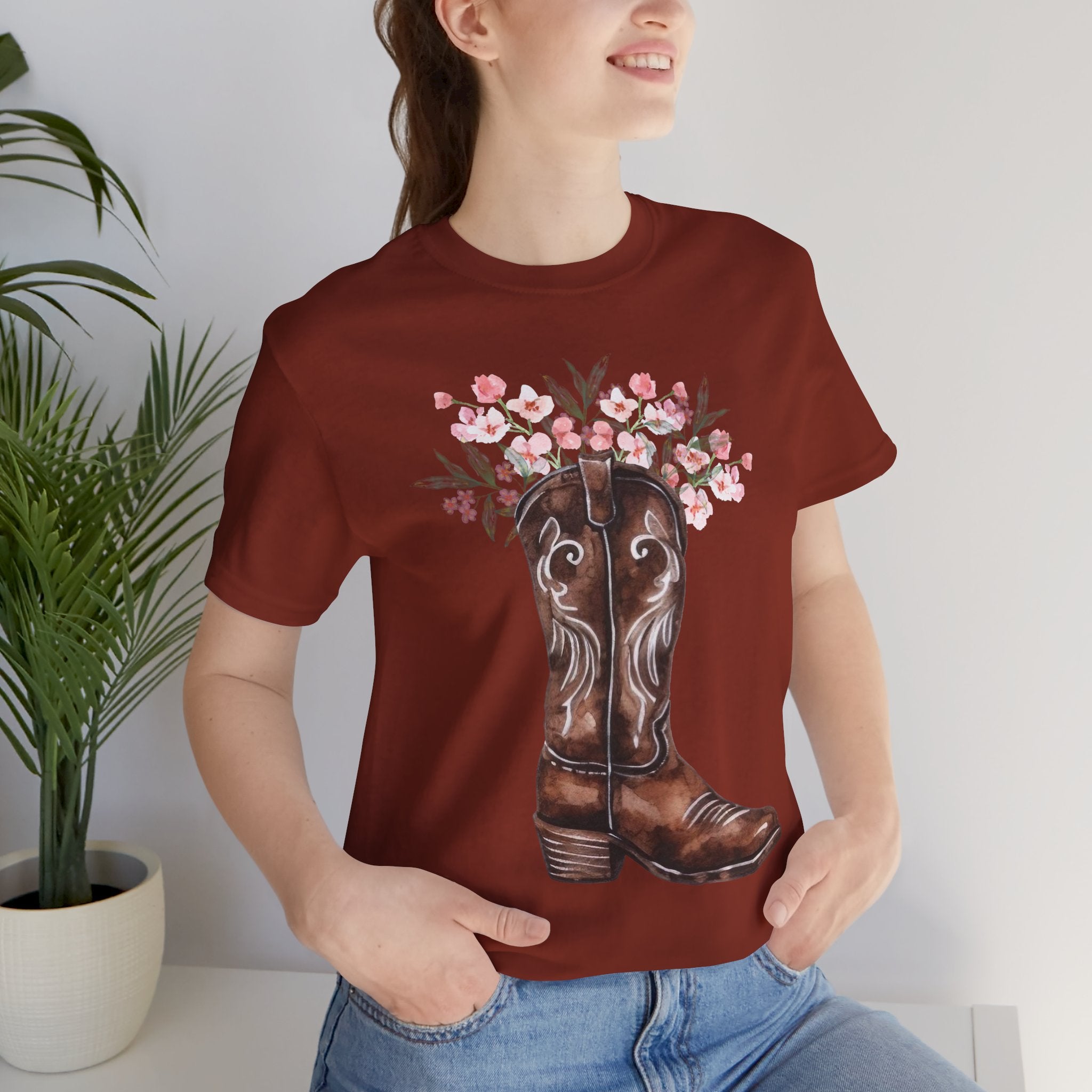 Cowboy Boot Floral Tee — Western Boots with Pink Flower Bouquet Graphic