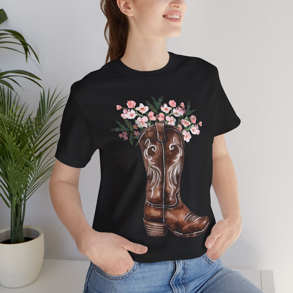 Cowboy Boot Floral Tee — Western Boots with Pink Flower Bouquet Graphic