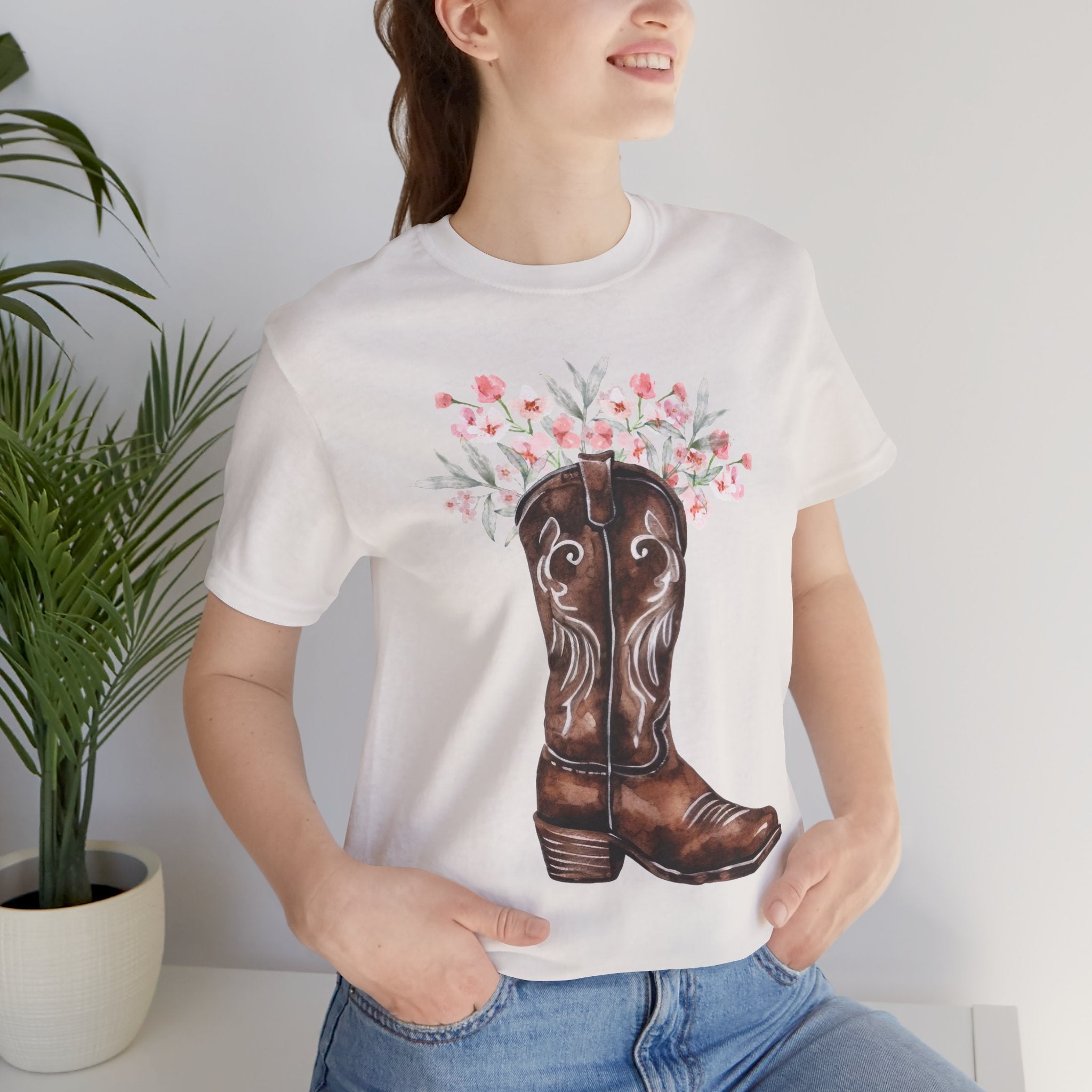 Cowboy Boot Floral Tee — Western Boots with Pink Flower Bouquet Graphic