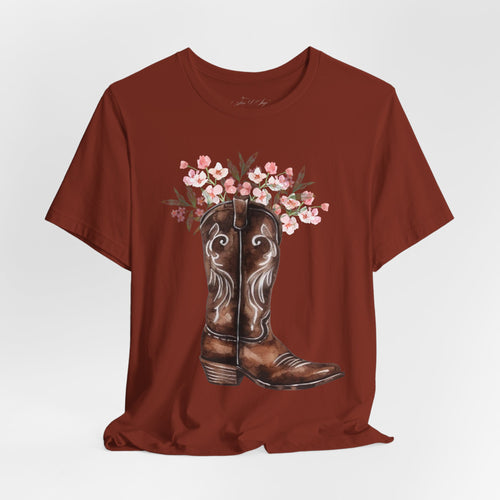 Cowboy Boot Floral Tee — Western Boots with Pink Flower Bouquet Graphic