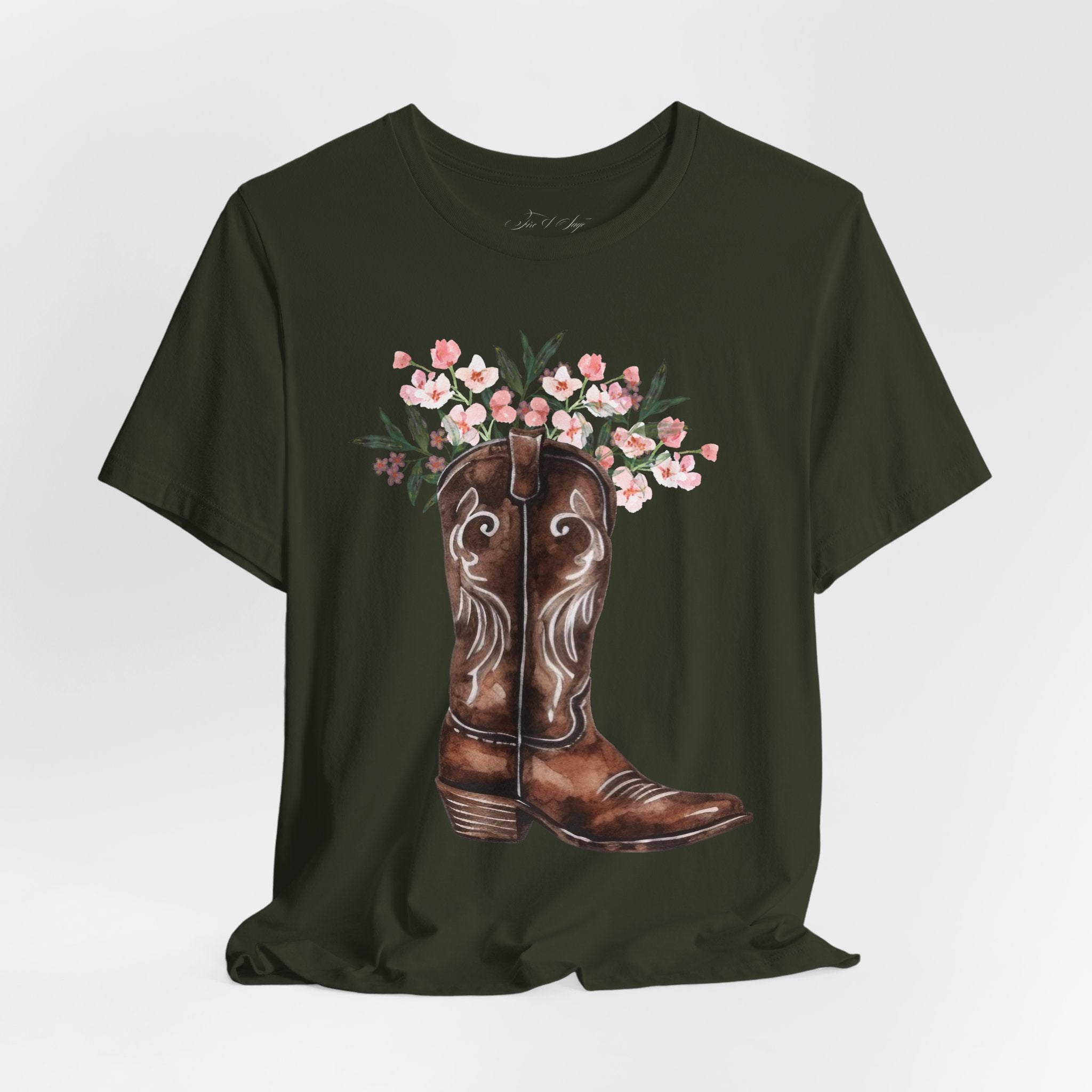 Cowboy Boot Floral Tee — Western Boots with Pink Flower Bouquet Graphic