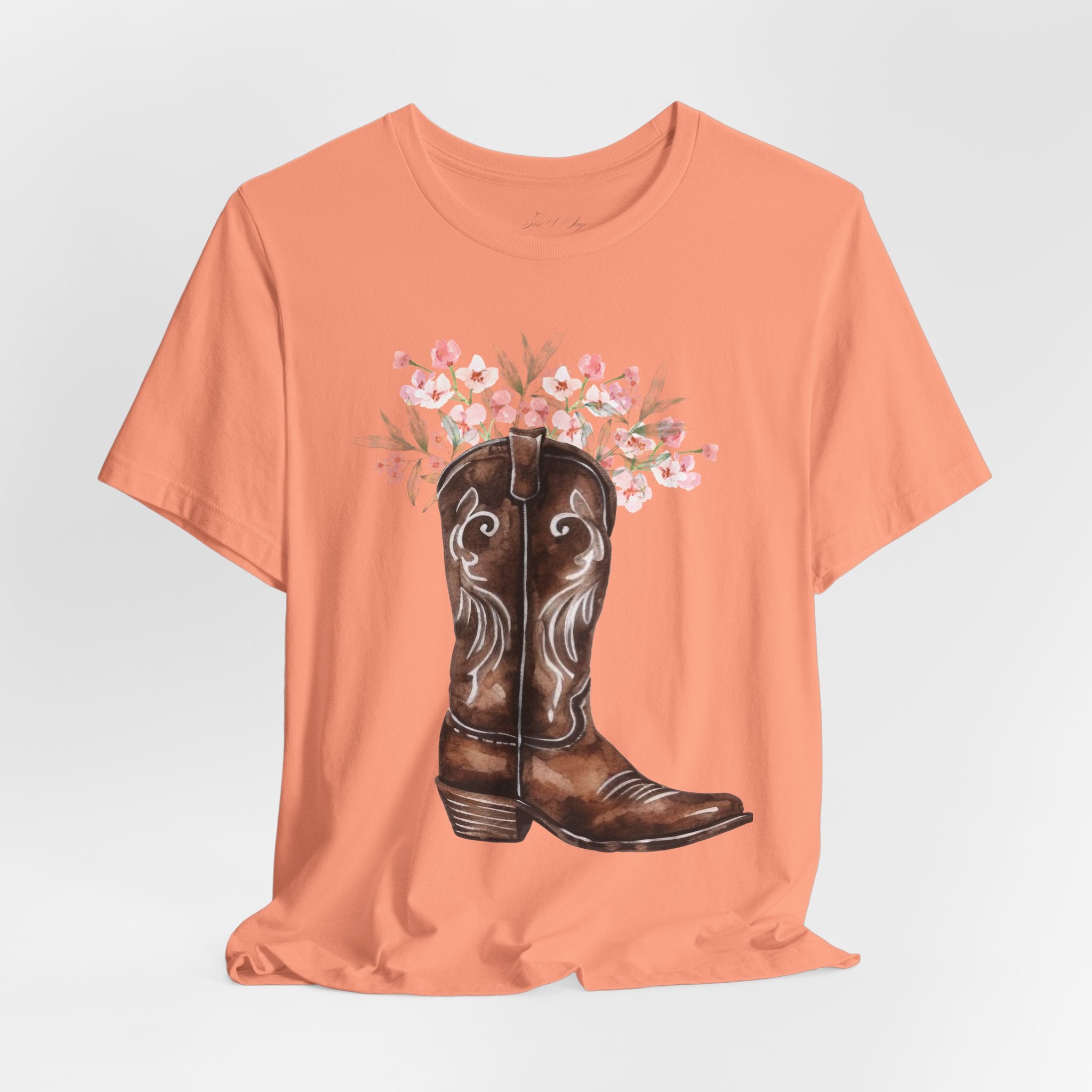 Cowboy Boot Floral Tee — Western Boots with Pink Flower Bouquet Graphic