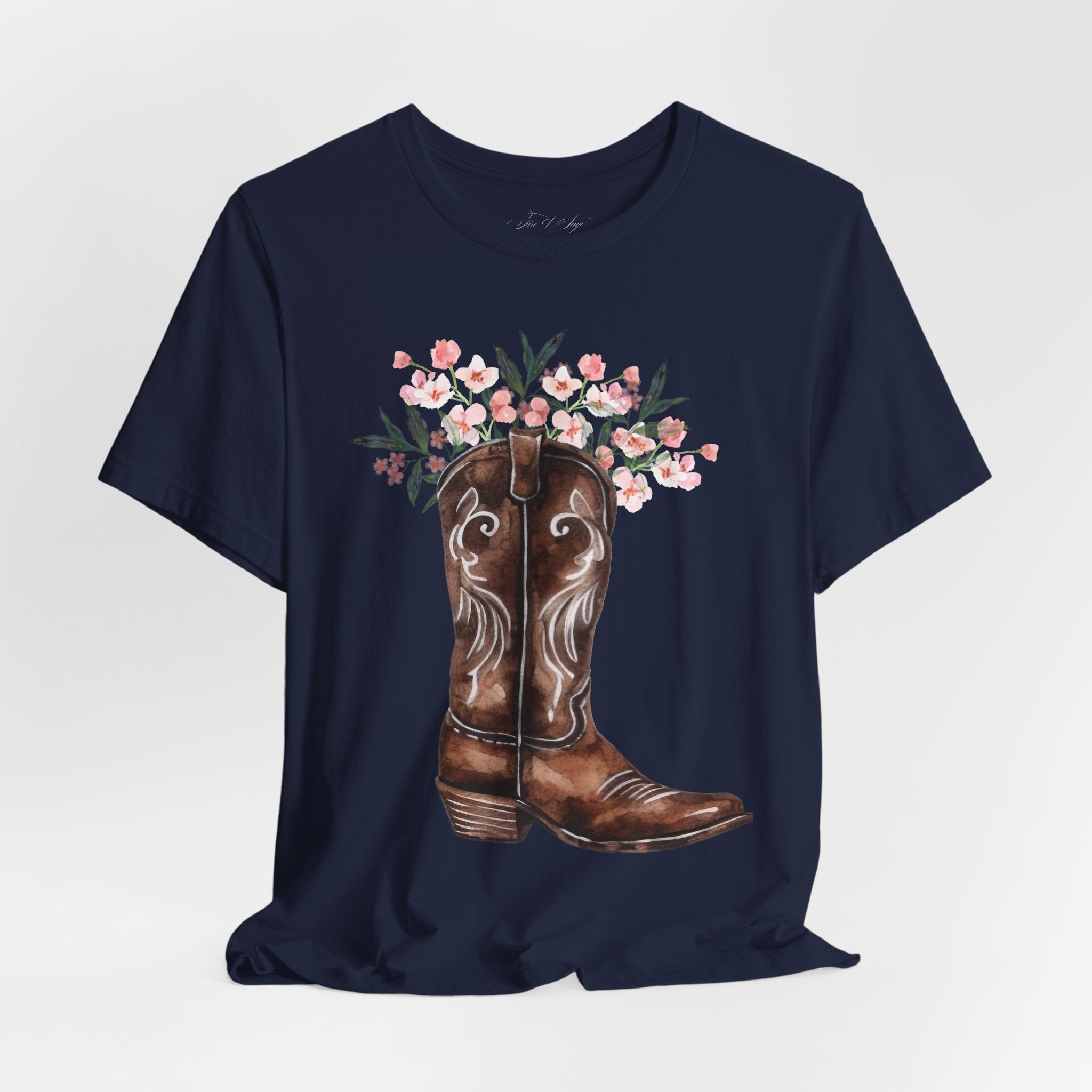 Cowboy Boot Floral Tee — Western Boots with Pink Flower Bouquet Graphic
