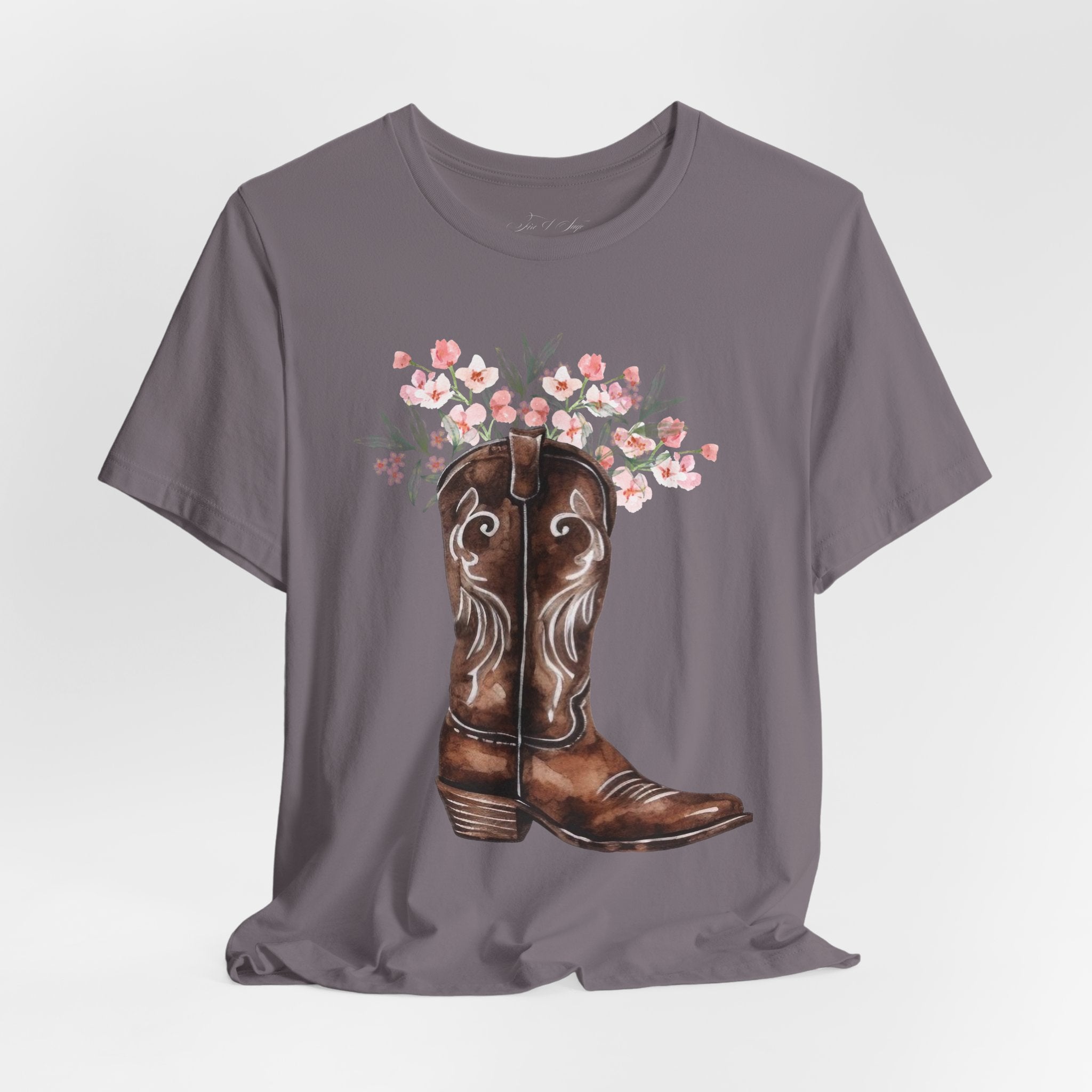 Cowboy Boot Floral Tee — Western Boots with Pink Flower Bouquet Graphic