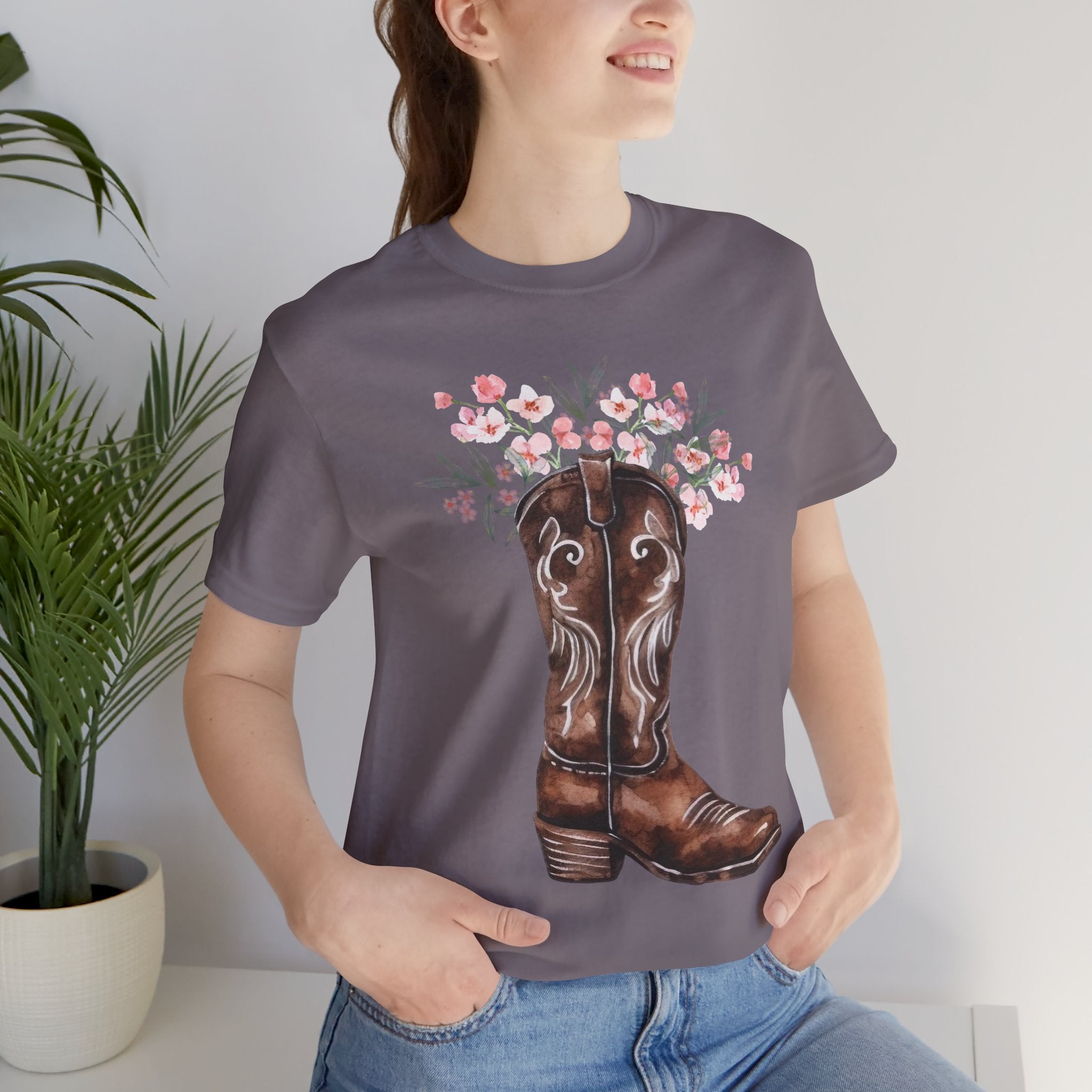 Cowboy Boot Floral Tee — Western Boots with Pink Flower Bouquet Graphic