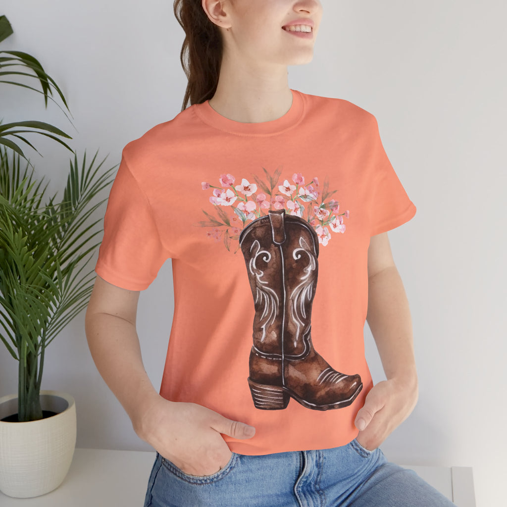 Cowboy Boot Floral Tee — Western Boots with Pink Flower Bouquet Graphic