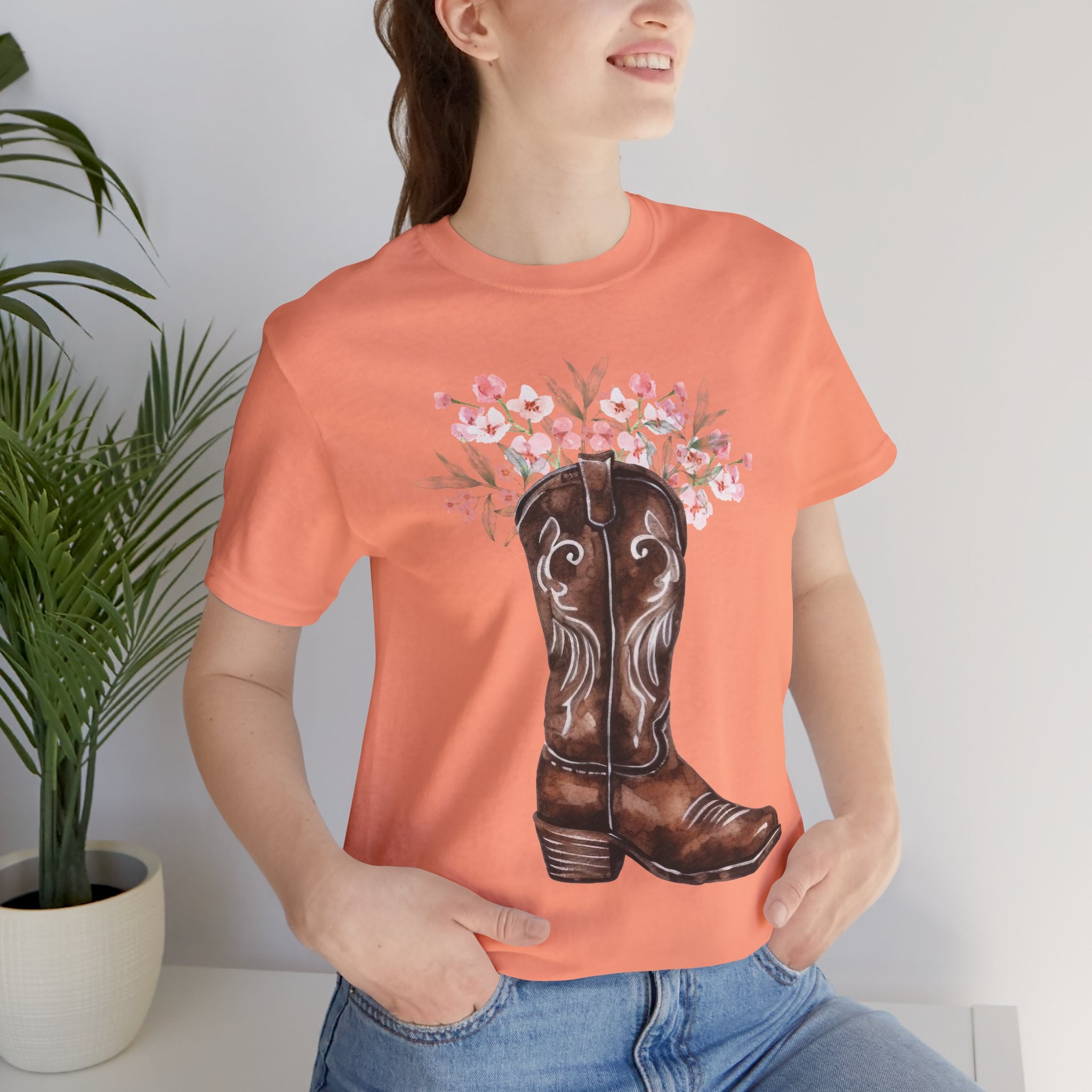 Cowboy Boot Floral Tee — Western Boots with Pink Flower Bouquet Graphic