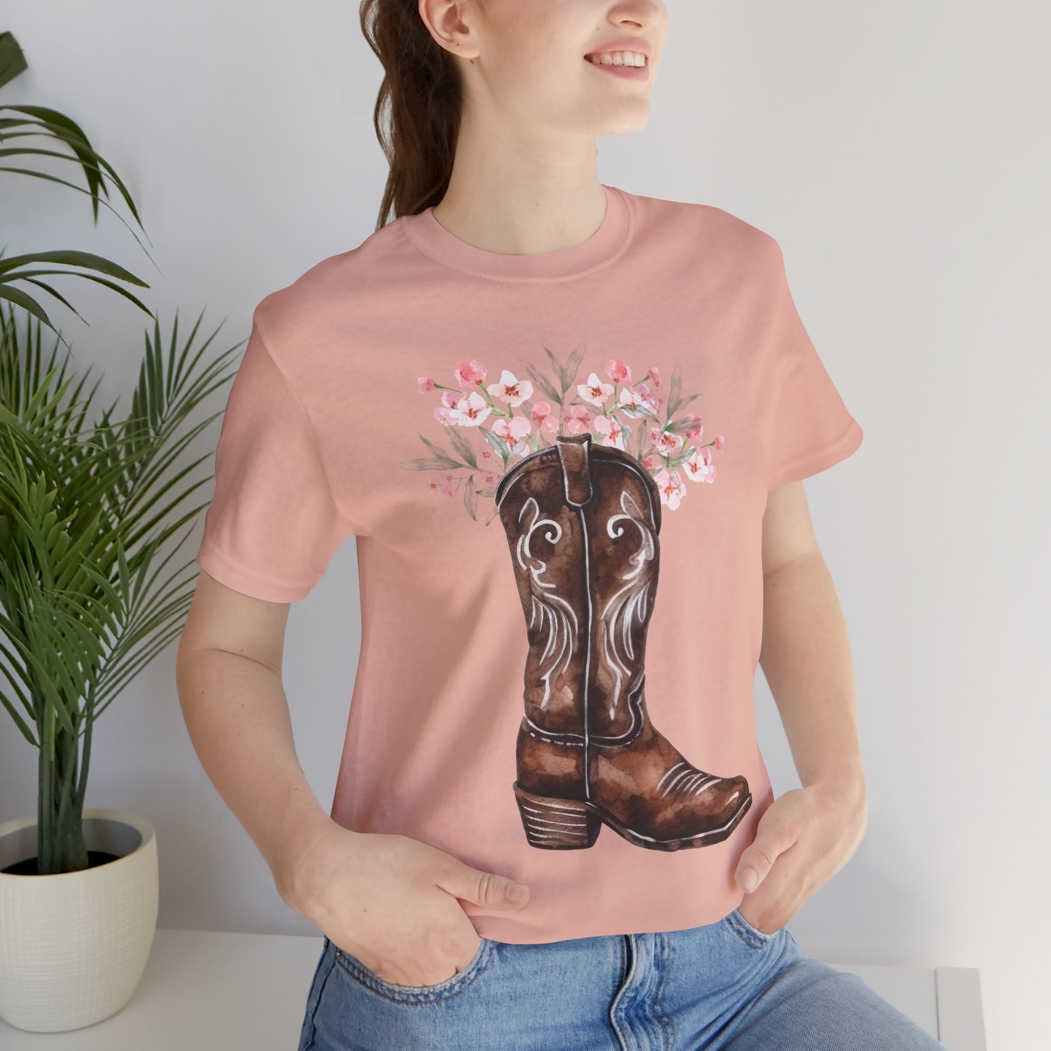 Cowboy Boot Floral Tee — Western Boots with Pink Flower Bouquet Graphic