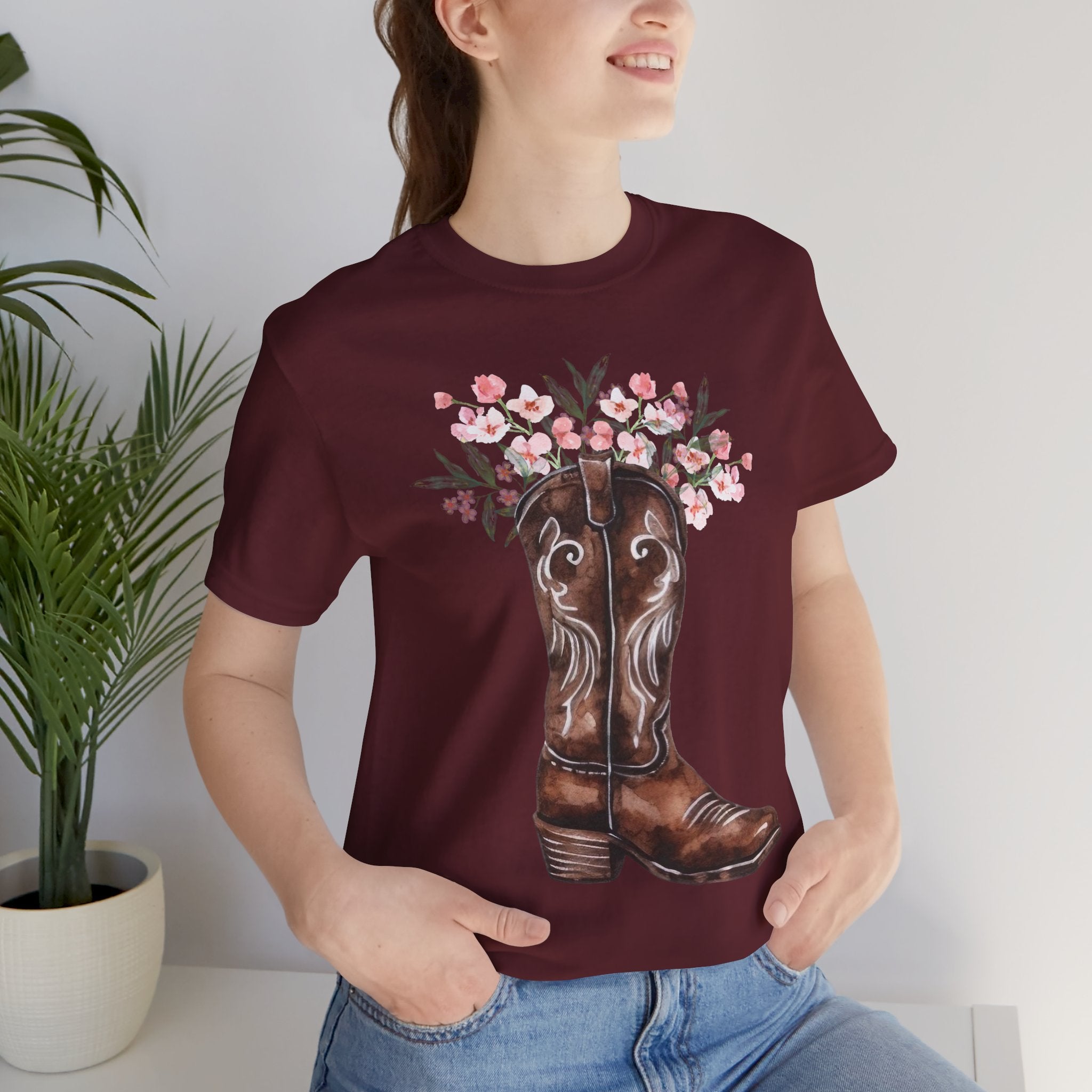 Cowboy Boot Floral Tee — Western Boots with Pink Flower Bouquet Graphic