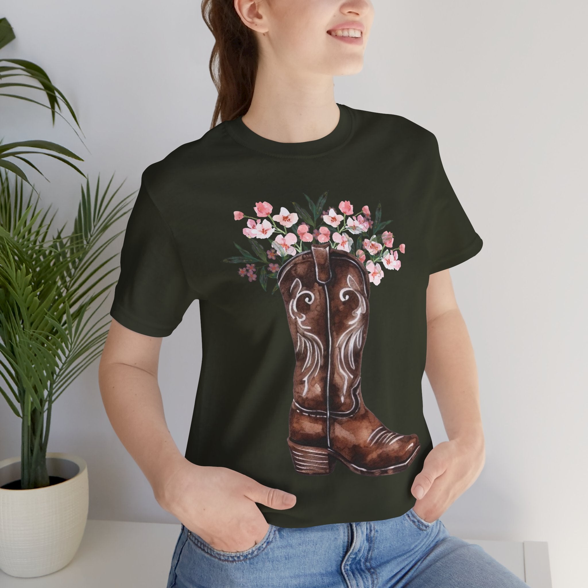Cowboy Boot Floral Tee — Western Boots with Pink Flower Bouquet Graphic