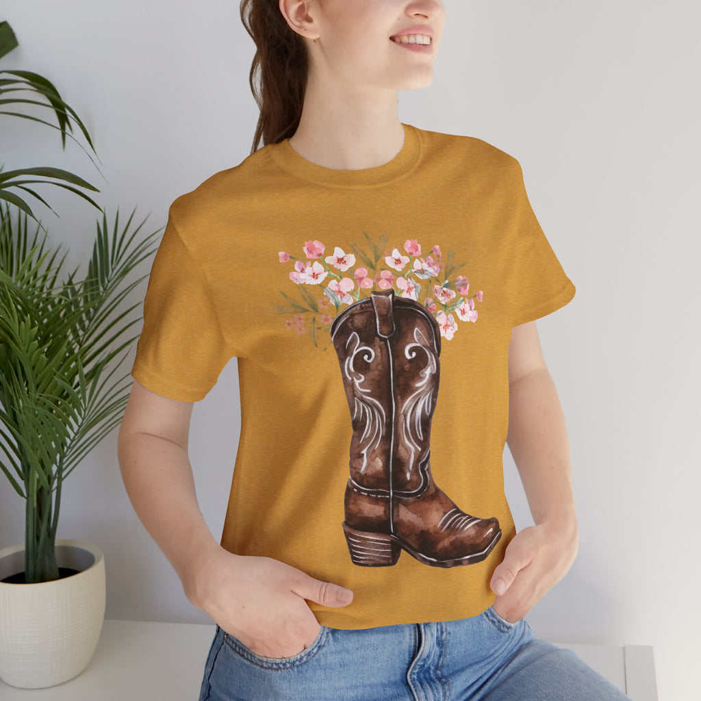 Cowboy Boot Floral Tee — Western Boots with Pink Flower Bouquet Graphic