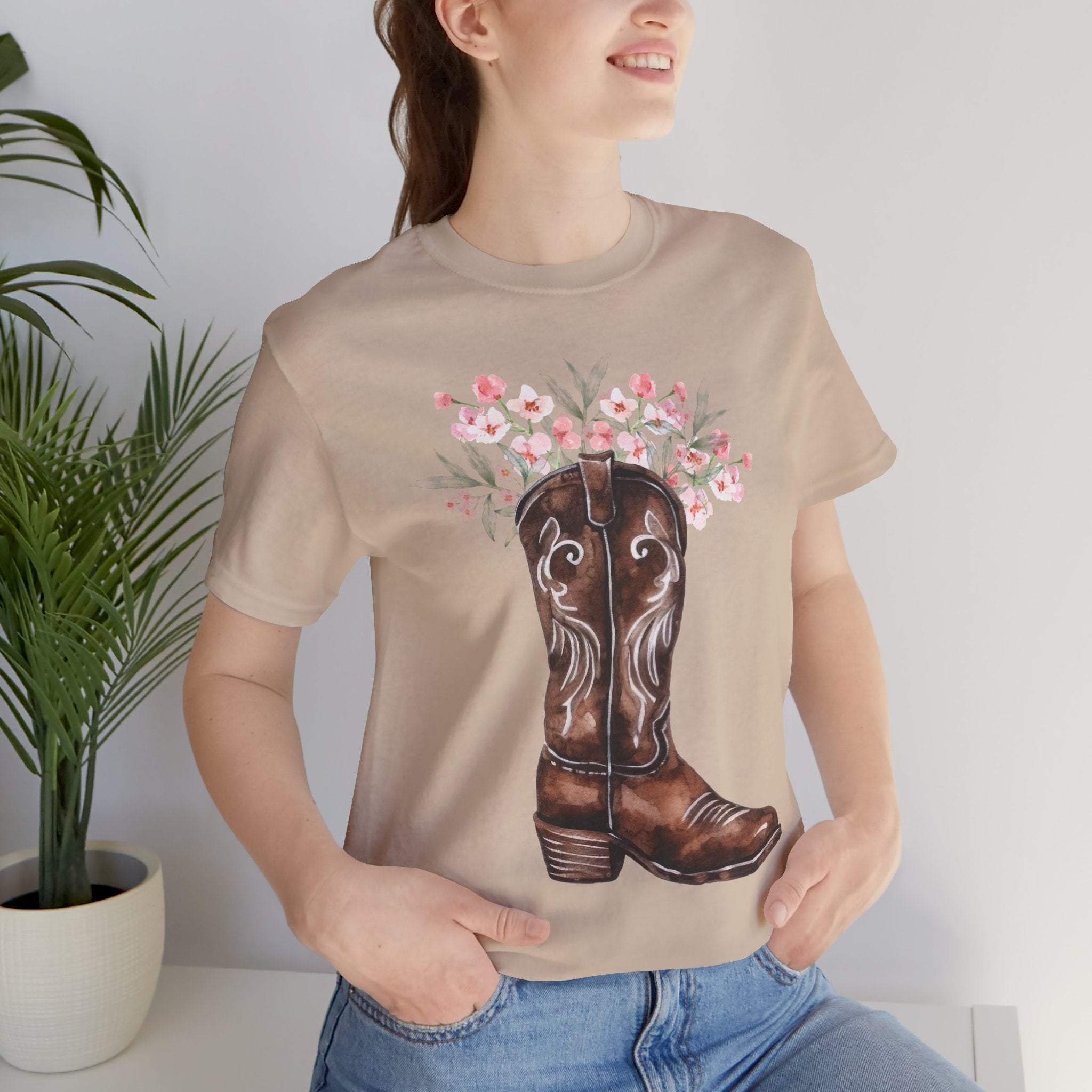 Cowboy Boot Floral Tee — Western Boots with Pink Flower Bouquet Graphic