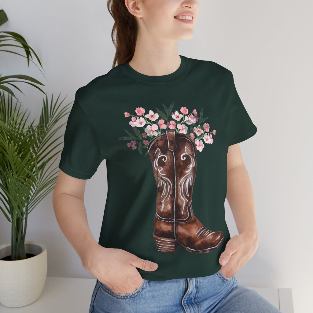 Cowboy Boot Floral Tee — Western Boots with Pink Flower Bouquet Graphic
